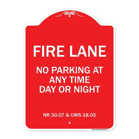 Wisconsin Fire Lane No Parking At Anytime Day Or Night, Red & White Aluminum Architectural Sign